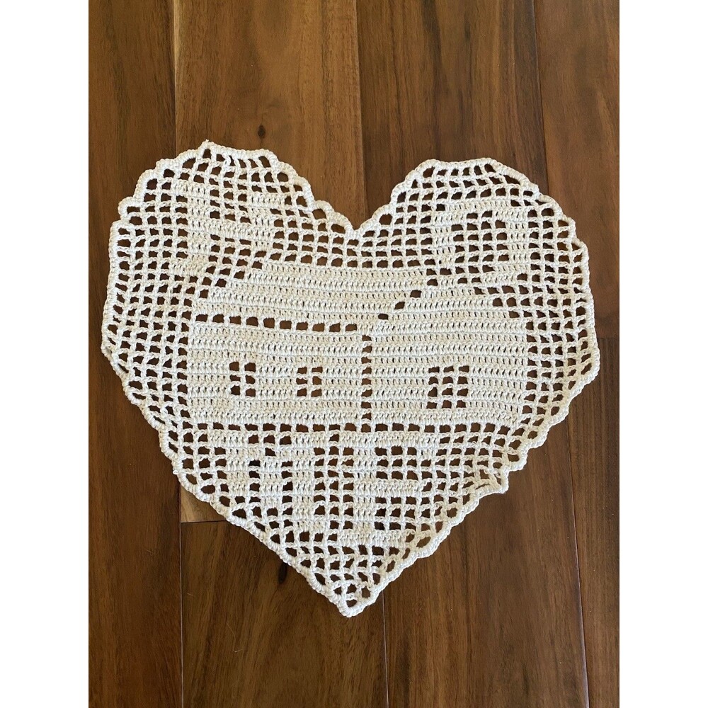 Vintage Handmade Crochet Doily Filet HOME Heart White
